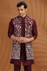 Wine Purple Silk Floral Embroidered Jacket Kurta Set